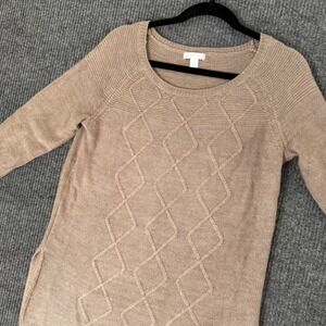 NY&C Womens Small‎ Tan Sweater Tunic Diamond Knit 3/4 Sleeve Minimalist Preppy